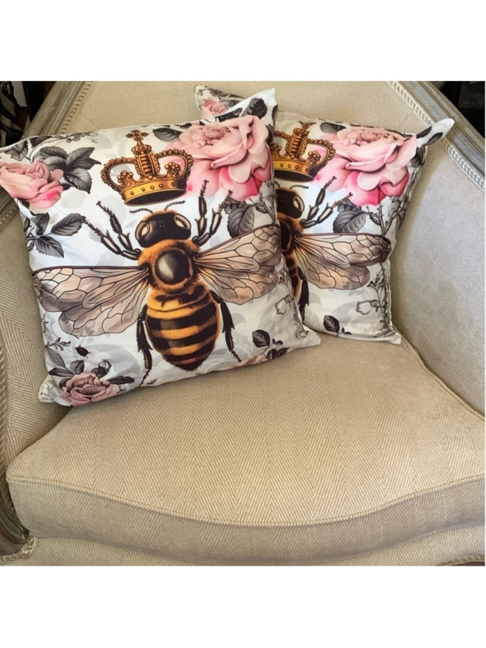 Two queen bee cushion covers with flowers and zippers